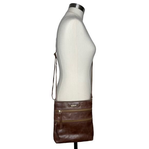 Estalon Leather Crossbody Brown Vintage Slim Crossbody Sipper Pocket Purse - Picture 2 of 9